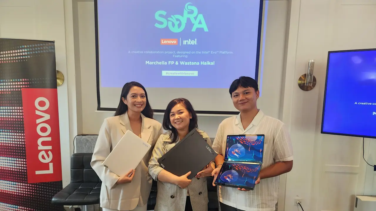 Marchella FP, penulis cerita ‘SORA’; Diantika, Consumer Marketing Lead Lenovo Indonesia; dan Wastana Haikal, Illustrator dan Animator dari Film Pendek ‘SORA’)