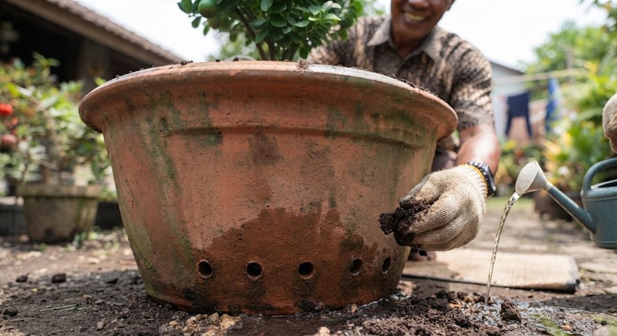 Cara Mengatasi Tanah di Tabulampot Cepat Padat dengan Memastikan Lubang Drainase Tidak Tersumbat.