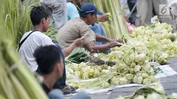 Pedagang kulit ketupat menunggu pembeli di kawasan Pasar Lenteng Agung, Jakarta, Kamis (22/6). Menjelang Hari Raya Idul Fitri, pedagang kulit ketupat musiman mulai ramai di pasar tradisional.(Liputan6.com/Yoppy Renato)