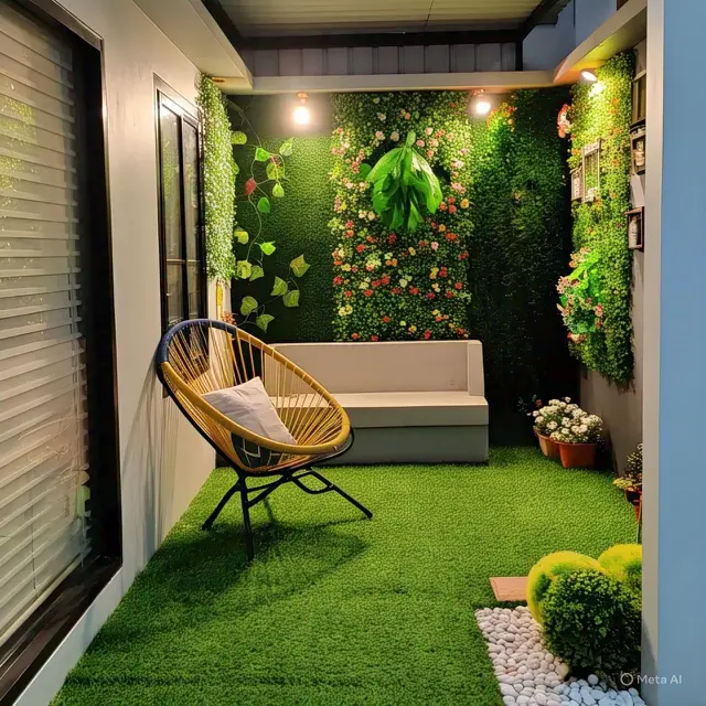 Model Depan Rumah Sederhana dengan Rumput Sintetis dan Ruang Duduk