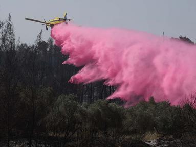 Sebuah pesawat pemadam kebakaran menjatuhkan bahan penghambat api ketika mencoba memadamkan kebakaran hutan di dekat kota Bet Shemesh, Israel tengah, pada tanggal 1 Mei 2025. (Ahmad GHARABLI/AFP)