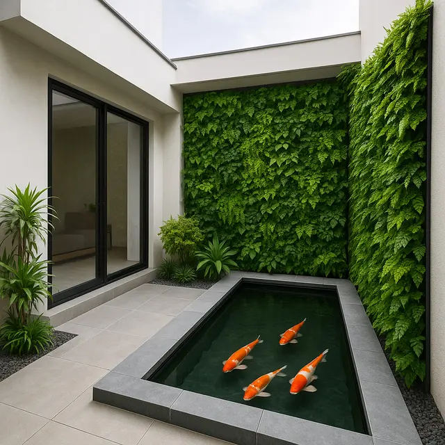 Ide Model Rumah yang Trending 2025 dengan Banyak Tumbuhan dan Kolam Ikan (Image by ChatGPT)