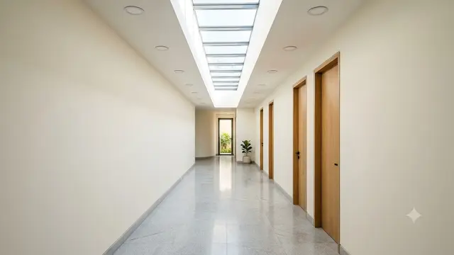Lorong Minimalis dengan Skylight Memanjang di Tengah Plafon