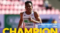 Atlet Indonesia, Lalu Muhammad Zohri, merengkuh medali emas pada Kejuaraan Dunia U-20 nomor lari 100 meter di Finlandia, Rabu (11/7/2018). (Twitter/IFFA)