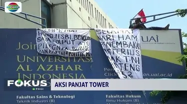 Agustinus, pria yang kerap memanjat tower sambil membentangkan spanduk berisi tuntutannya kembali lakukan aksi nekatnya. Akibatnya, lalu lintas di kawasan Univeristas Al-Azhar macet.