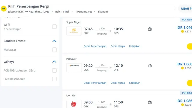 Tangkapan layar laman tiket.com berisi harga tiket maskapai Pelita Air.