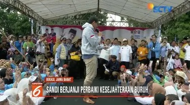 Kampanye di Bekasi, Jawa Barat, Sandiaga Uno berjanji akan sejahterakan para buruh.