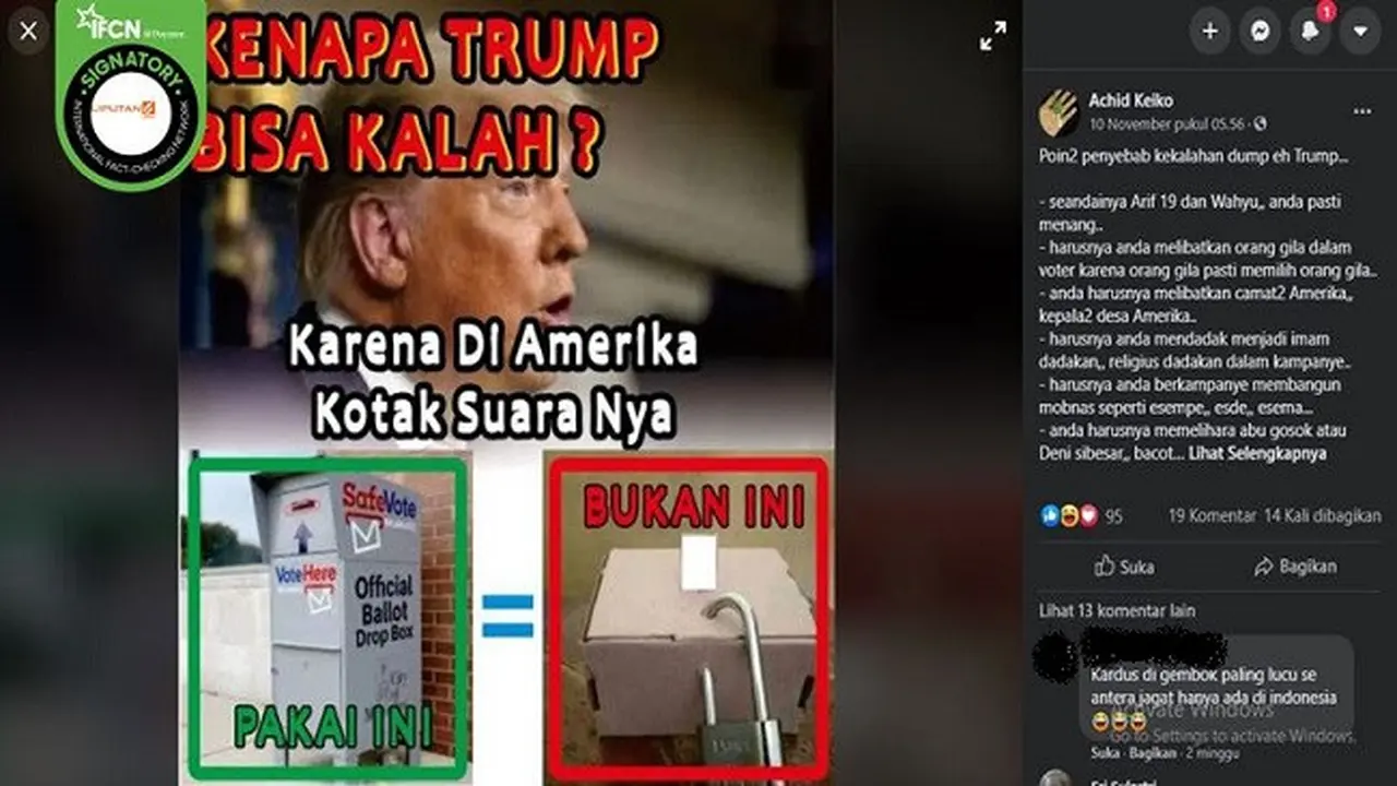 Gambar Tangkapan Layar Kabar Donald Trump Kalah Pemilu karena Kota Suara (sumber: Facebook)