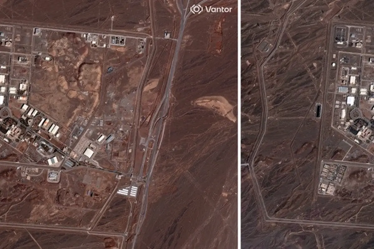 Dalam gambar dari citra satelit yang disediakan oleh Vantor terlihat fasilitas nuklir Natanz di Iran sebelum serangan (kiri) dan setelah mengalami kerusakan pada Senin, 2 Maret 2026.