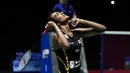 Pebulu tangkis Putri India, Pusarla Venkata Sindhu merayakan kemenangan atas Nozomi Okuhara dari Jepang pada babak final Kejuaraan Dunia Bulu Tangkis 2019 di Swiss, Minggu (25/8/2019). Pursala menjadi pebulu tangkis India pertama yang berhasil meraih gelar juara dunia. (FABRICE COFFRINI/AFP)