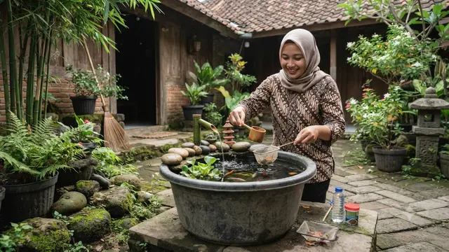 Cara Membuat Kolam Ikan Mini dari Ember Bekas Bergaya Zen Ala Jepang dengan Merawat Kolam Secara Rutin Sehingga Layak Digunakan