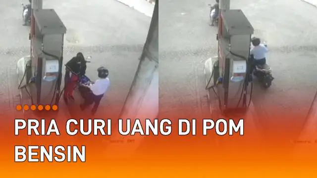Aksi seorang pria mencuri uang di pom bensin mengundang perhatian.