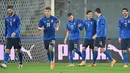 Pemain Italia merayakan gol yang dicetak Riccardo Orsolini ke gawang Estonia pada laga uji coba di Stadion Artemino Franchi, Kamis (12/11/2020) dini hari WIB. Italia menang 4-0 atas Estonia. (AFP/Alberto Pizzoli)