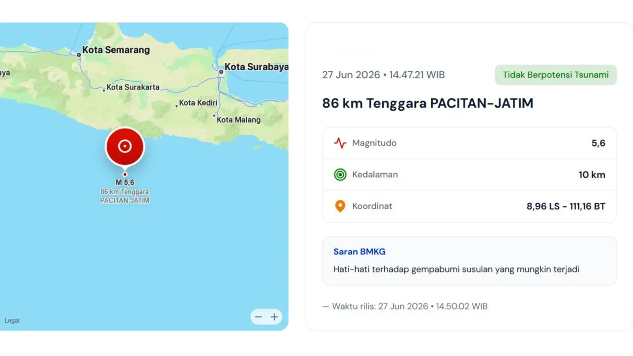 Gempa magnitudo 5,6 dengan kedalaman 10 kilometer menggetarkan wilayah Pacitan, Provinsi Jawa Timur (Jatim), Sabtu (27/6/2026).