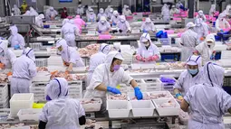 Sejumlah pekerja beraktivitas di pabrik daging dan unggas di Shenyang di provinsi Liaoning timur laut China (26/8/2021).  (AFP/STR/China Out)