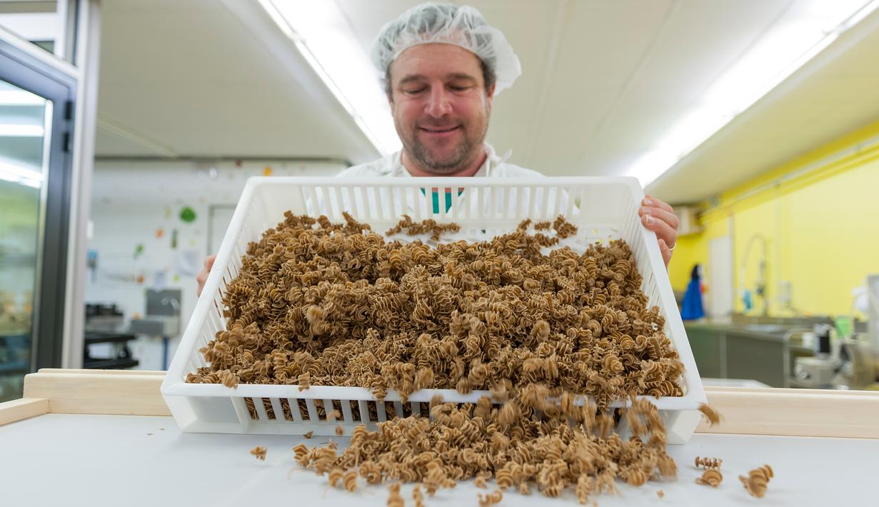 Pekerja "L'Atelier a pates" (toko pasta) membuat pasta khusus menggunakan tepung serangga dari belalang dan jangkrik di Thiefosse, Prancis, 8 Februari 2016. Pasta serangga ini dibanderol sekitar Rp 97 ribu per 250 gram (JEAN-Christophe Verhaegen/AFP)