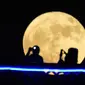 Pasangan berfoto di jembatan Al-Shuhada'a di atas Sungai Tigris saat supermoon pertama tahun 2023 terbit di Baghdad, Irak, Senin, 3 Juli 2023. (AP Photo/Hadi Mizban)