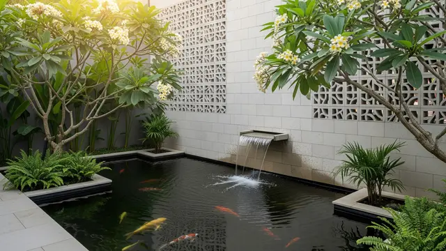 Kolam Ikan Minimalis di Samping Rumah dengan Dinding Roster