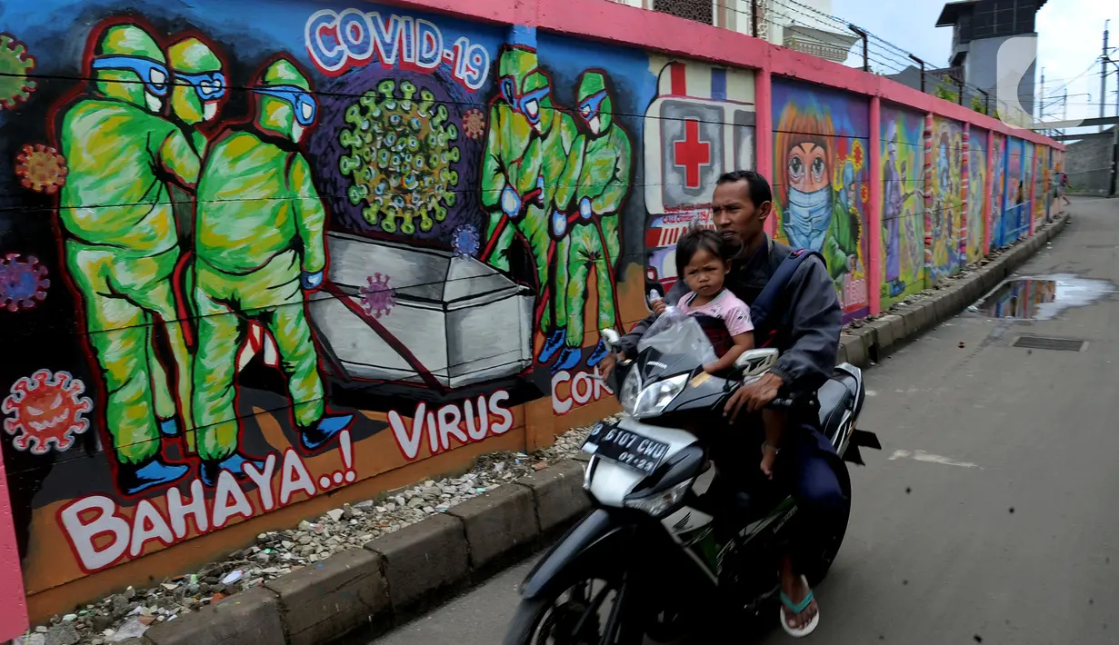 Pengendara sepeda motor melintasi mural bertema COVID-19 di kawasan Tanah Tinggi, Tangerang, Banten, Rabu (20/1/2020). Kegiatan ini dalam rangka mensosialisasikan bahaya penyebaran COVID-19 kepada warga pengguna jalan umum. (merdeka.com/Arie Basuki)