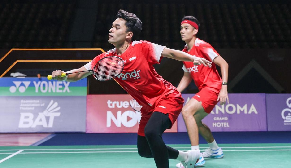 Aksi Leo Rolly Carnando/Bagas Maulana pada partai final Thailand Masters 2026 yang berlangsung di Stadion Nimibutr, Bangkok, Thailand, Minggu (1/2/2026) siang WIB. (Dok. PBSI)