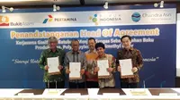 Kesepakatan pelaksanaan proyek mengubah batu bara jadi gas dituangkan melalui penandatanganan Head of Agreement di Hotel Grand Hyatt, Jakarta pada Jumat (8/12/2017).(Liputan6.com/Ilyas Istianur P)