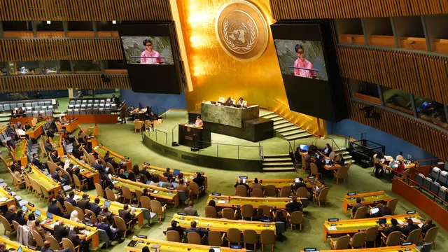 Menteri Luar Negeri RI Retno Marsudi dalam Sidang Majelis Umum (SMU) PBB di New York, Amerika Serikat, Kamis (26/10/2023). (Dok: Kemlu RI)