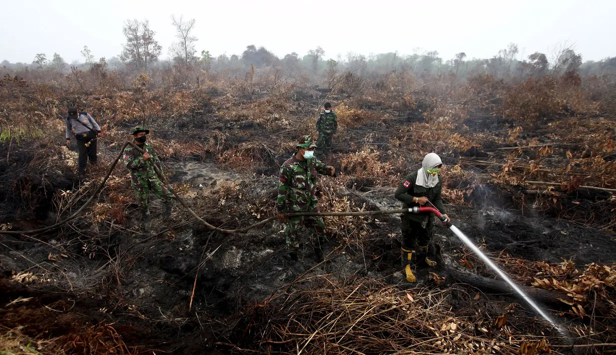 Seorang petugas pemadam dari Kementerian Kehutanan Indonesia, bersama anggota TNI menyemprotkan air ke hutan lahan gambut di Parit Indah Desa, Kampar, Riau, Rabu (9/9/2015). Kebakaran lahan menyebabkan kabut asap di sejumlah wilayah. (REUTERS/YT Haryono)