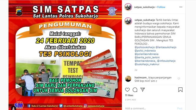 Polres Sukoharjo, Jawa Tengah juga akan melakukan hal yang sama mulai 24 Februari mendatang, seperti dilansir Instagram @satpas_sukoharjo,