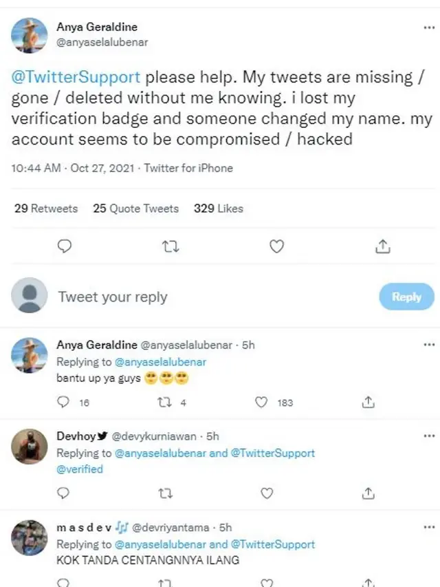 Twitter milik Anya Geraldine diretas