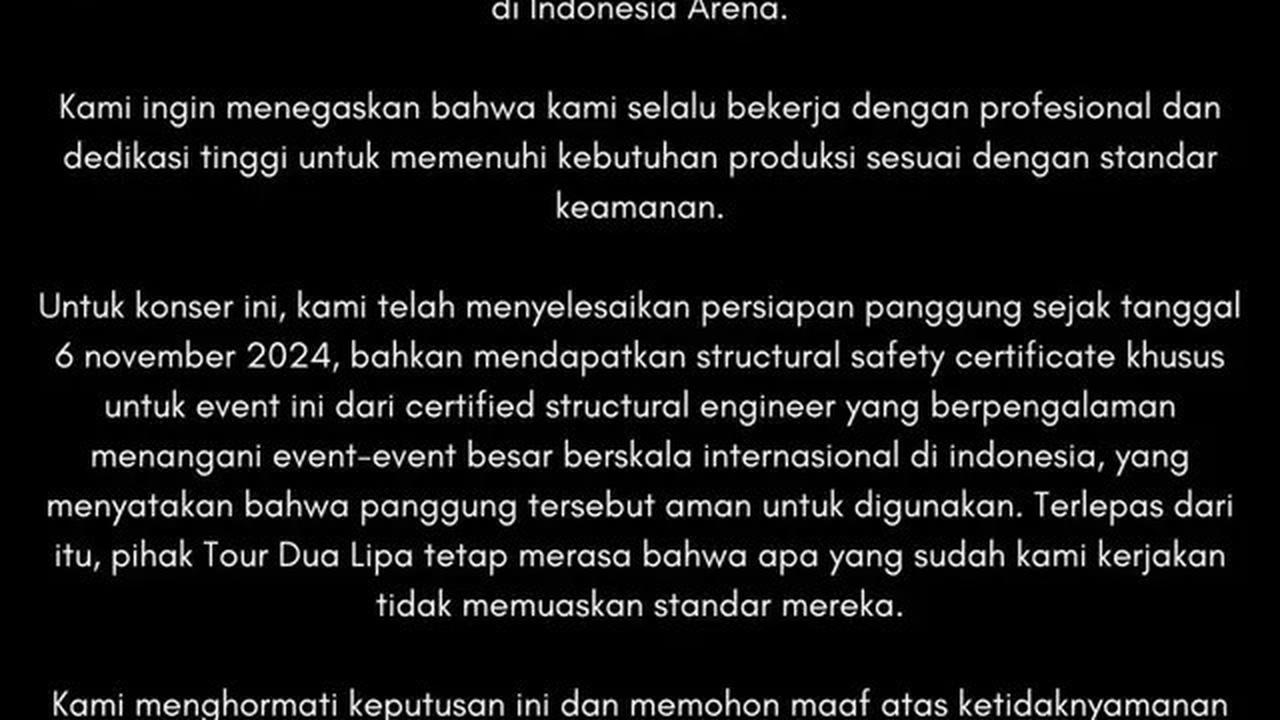Konser Dua Lipa di Jakarta Batal H-1 Acara, Mata Elang Productions Sebut Panggung Sudah Sesuai Standar Keamanan