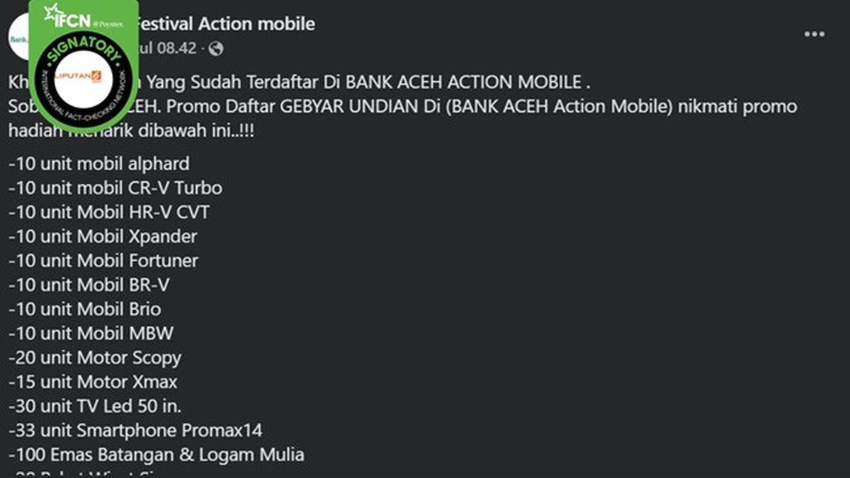 Cek Fakta: Hoaks Bank Aceh Bagi-Bagi Hadiah Mobil hingga Paket Umroh dengan Mendaftar di Tautan Tertentu