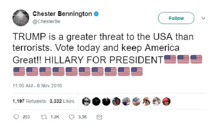 Twitter Chester Bennington soal dukungan terhadap Hillary Clinton (Foto:Twitter/@ChesterBe)