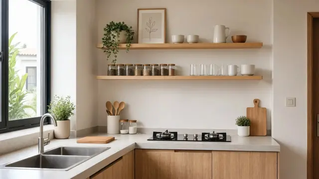 Desain Dapur Kecil dengan Banyak Penyimpanan agar Meja Tetap Rapi (AI Generated)