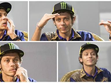 Pebalap MotoGP Valentino Rossi hadir dalam peluncuran produk terbaru Yamaha, Xabre, di The Mulia Resort, Bali, Selasa (26/1/2016). Inilah beberapa mimik lucu Rossi saat konferensi pers peluncuran motor baru Yamaha tersebut. (Bola.com/Vitalis Yogi Trisna)