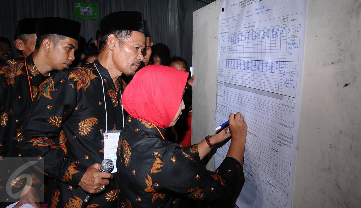 Petugas KPPS menandatangani rekap hasil penghitungan surat suara Pilkada DKI Jakarta putaran 2 di TPS 027, Kebagusan, Jakarta, Rabu (19/4). Pasangan Anis Baswedan-Sandiaga Uno unggul 292-252. (Liputan6.com/Helmi Fithriansyah)