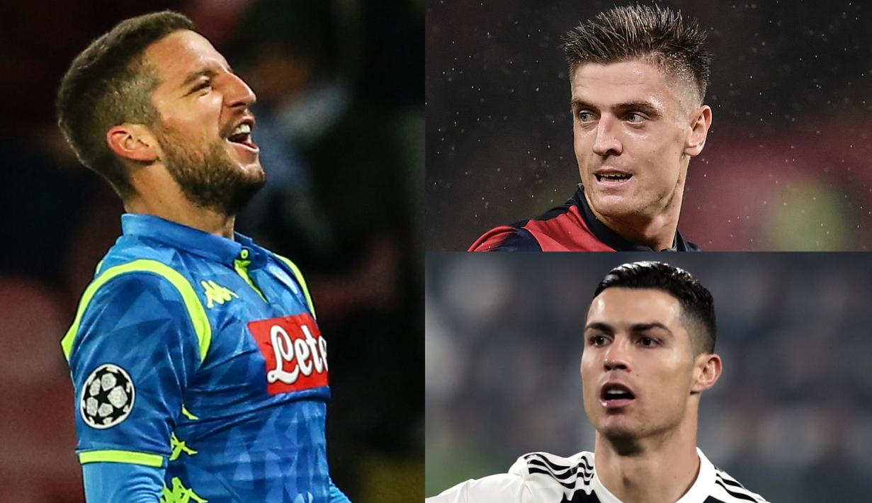 Raihan satu gol ke gawang SPAL membuat bintang muda Genoa, Krzysztof Piatek kembali memimpin daftar top scorer Serie A. hal tersebut membuat Ronaldo kembali turun ke peringkat dua. (Kolase Foto AFP)