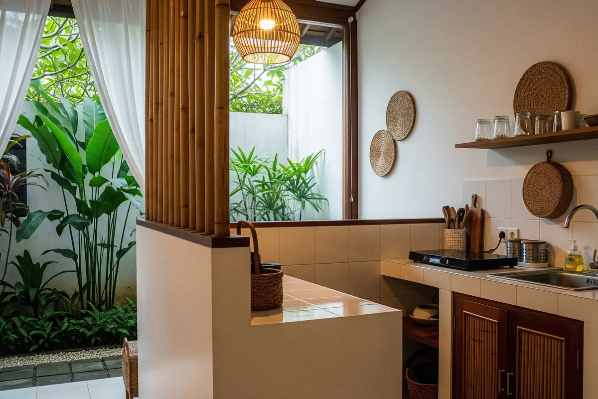 Model Dapur Kecil dengan Tanaman Hijau di Belakang dan Sekat Minimalis