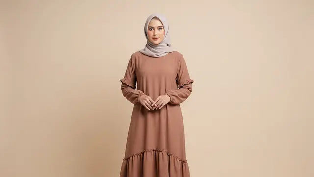 Midi Dress Earth Tone dengan Aksen Ruffle