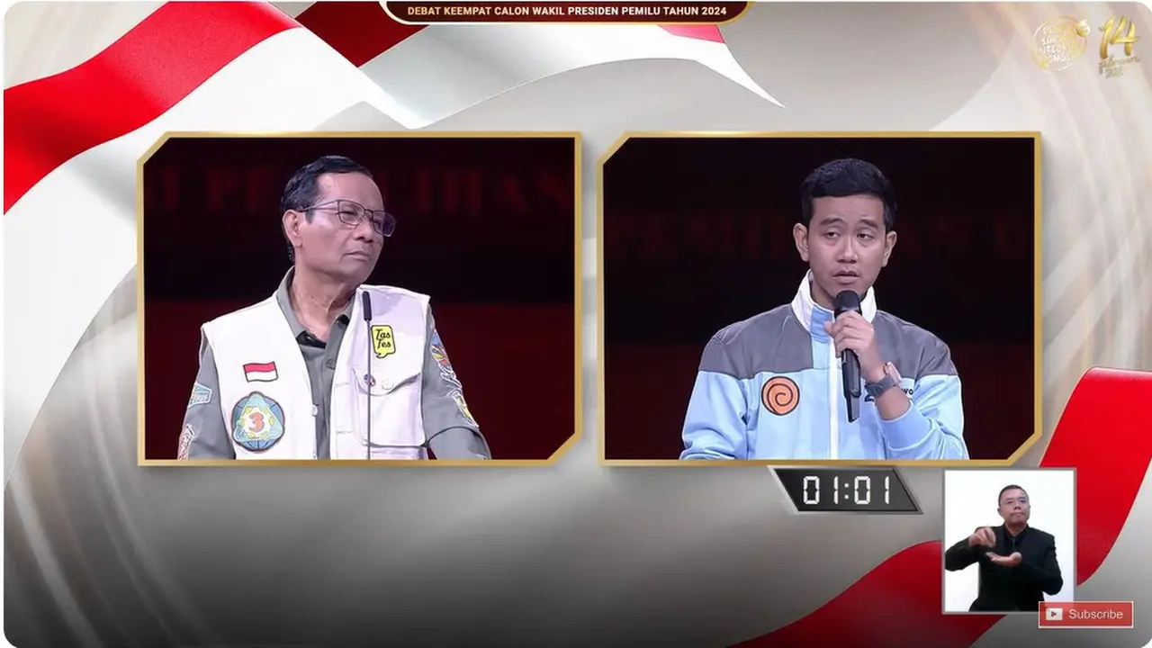 Calon Wakil Presiden (Cawapres) nomor urut 02 Gibran Rakabuming Raka dan Cawapres nomor urut 03 Mahfud Md saat tanya jawab di debat cawapres Pilpres 2024 yang digelar di JCC Senayan, Jakarta, Minggu (21/1/2024).