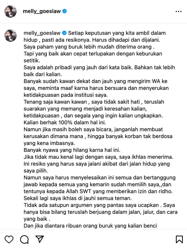Unggahan Melly Goeslaw. (Foto: Dok. Instagram @melly_goeslaw)