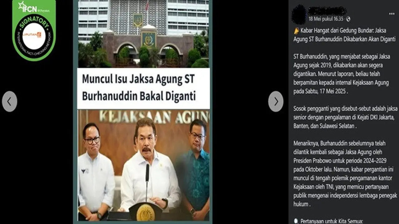 Gambar tangkapan layar kabar tentang Jaksa Agung ST Burhanuddin dicopot dari jabatannya pada 18 Mei 2025. (sumber: Facebook)