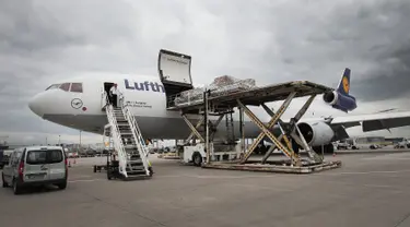 Sebuah pesawat mengangkut jala gawang yang digunakan pada Piala Dunia 2014 antara Jerman vs Brasil di bandara Frankfurt am Main, Jerman barat, 13 Juni 2018. Jala itu menjadi saksi bisu kekalahan telak timnas Brasil 1-7 dari Jerman. (Daniel ROLAND/AFP)