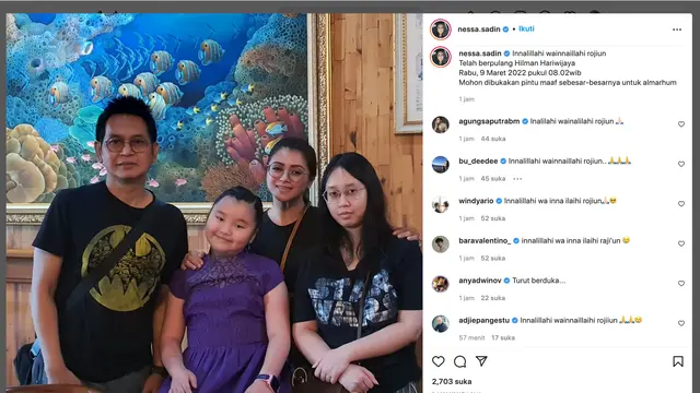 Unggahan Nessa Sadin soal Hilman Harrywijaya meninggal dunia. (Foto: Dok. Instagram @nessa.sadin)