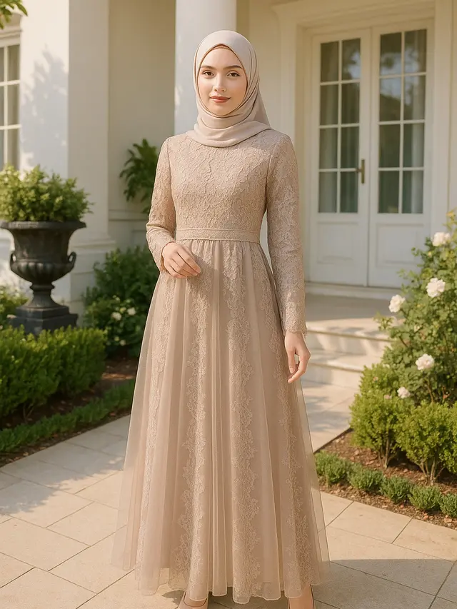 Gamis Modern dengan Sentuhan Brokat