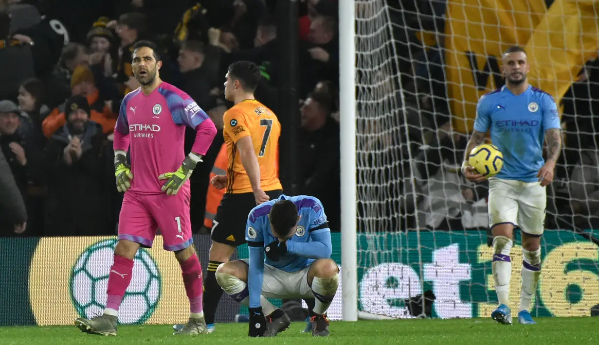 Reaksi para pemain Manchester City setelah pemain Wolverhampton Wanderers, Matt Doherty mencetak gol ke gawang mereka pada pertandingan Liga Inggris di Molineux Stadium, Wolverhampton, Inggris, Jumat (27/12/2019). Wolverhampton Wanderers menang 3-2. (AP Photo/Rui Vieira)