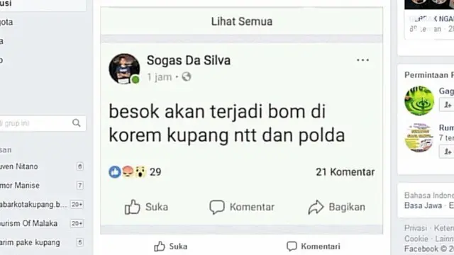 Seorang pemuda mengunggah status tentang ancaman bom di Mapolda NTT. Ternyata unggahan tersebut hanyalah lelucon iseng belaka. Pemuda tersebut akhirnya ditangkap polisi.