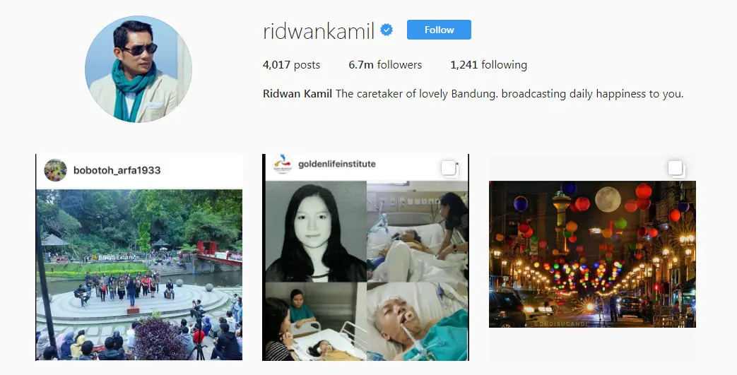 Akun Instagram Wali Kota Bandung Ridwan Kamil yang memiliki jutaan followers (Sumber: IG @ridwankamil).