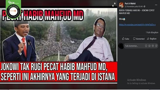 Gambar Tangkapan Layar Kabar Hoaks tentang Jokowi Memecat Mahfud MD dari Kursi Menko Polhukam (sumber: Facebook)