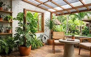 10 Ide Teras Rumah dengan Meja Semen dan Tanaman Monstera, Sudut Santai Paling Hits