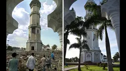 File foto (atas) diambil pada 28 Desember 2004 puing-puing berserakan di dasar Baiturrahaman Masjid Banda Aceh, Provinsi Aceh. Foto di lokasi yang sama diambil pada 27 November 2014. (AFP PHOTO/Bay Ismoyo)